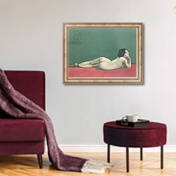 «Nude Stretched out on a Piece of Cloth, 1909» в интерьере гостиной в бордовых тонах