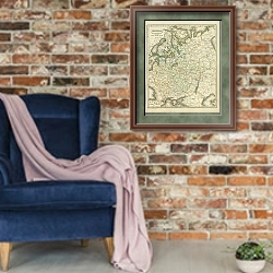 «Карта: Россия 2» в интерьере в стиле лофт с кирпичной стеной и синим креслом