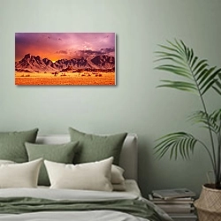 «Пустыня Намиб» в интерьере современной спальни в зеленых тонах