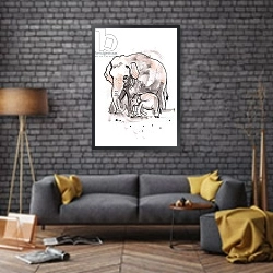 «Elephant and Calf, 2014,» в интерьере гостиной в стиле лофт с кирпичной стеной