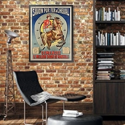 «Poster for Le Fer a cheval soap» в интерьере кабинета в стиле лофт с кирпичными стенами