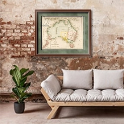 «Map of Australia and New Zealand» в интерьере гостиной в стиле лофт над диваном