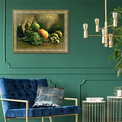 «Натюрморт с овощами и фруктами, 1884» в интерьере в классическом стиле с зеленой стеной