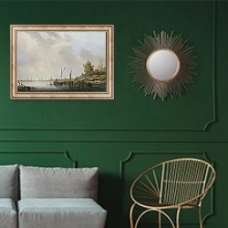 «Вид на реку и мельницы вдалеке» в интерьере классической гостиной с зеленой стеной над диваном