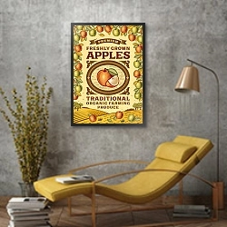 «Яблоки, ретро-плакат» в интерьере в стиле лофт с желтым креслом