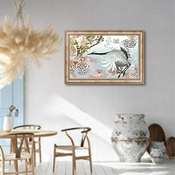 «Летящий элегантный белый японский журавль 2» в интерьере гостиной в этническом стиле над камином