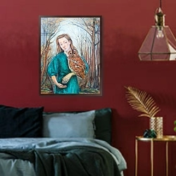«Girl with Owl, 2012» в интерьере спальни с акцентной стеной