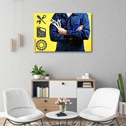 «Человек с оборудованием на желтом фоне» в интерьере офиса над шкафом с документами