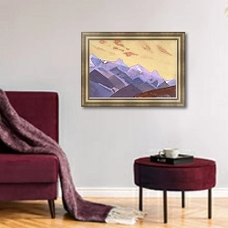 «Хребет. Поход к Эвересту. 1936» в интерьере гостиной в оливковых тонах