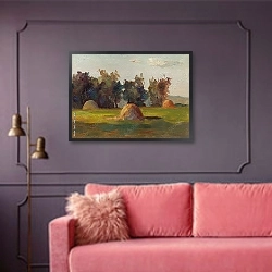 «Стога сена» в интерьере гостиной с розовым диваном