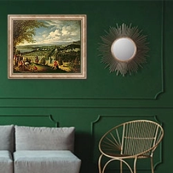 «Leaving for the Hunt on the Outskirts of London» в интерьере классической гостиной с зеленой стеной над диваном
