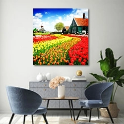 «Сельский пейзаж с ветряной мельницей и тюльпанами, Нидерланды» в интерьере современной гостиной над комодом