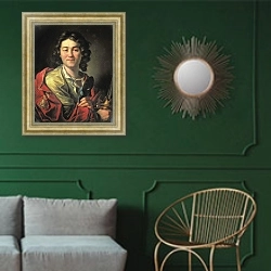 «Портрет актера Федора Григорьевича Волкова. 1763» в интерьере классической гостиной с зеленой стеной над диваном