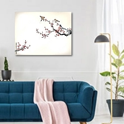 «Ветка сакуры #35» в интерьере современной гостиной над синим диваном