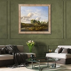 «Пейзаж с фермой на берегу ручья» в интерьере гостиной в оливковых тонах