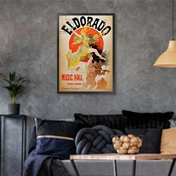 «Advertisement for 'Eldorado Music Hall'» в интерьере гостиной в стиле лофт в серых тонах