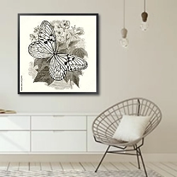«Ретро иллюстрация белой бабочки» в интерьере белой комнаты в скандинавском стиле над комодом