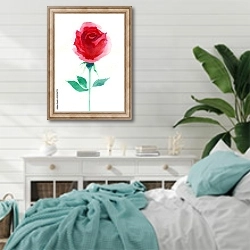 «Акварельная красная роза» в интерьере спальни в стиле прованс с голубыми деталями