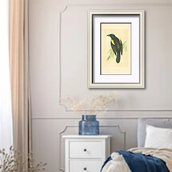 «Red-winged Starling 3» в интерьере спальни в стиле прованс с синими деталями