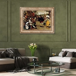 «Крестьянский танец» в интерьере гостиной в оливковых тонах