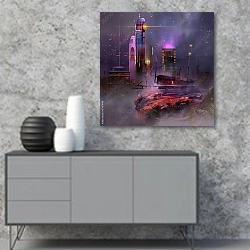 «Ночной город будущего» в интерьере в стиле минимализм над тумбой