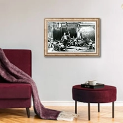 «Chinese Opium Smokers, 1843» в интерьере гостиной в бордовых тонах