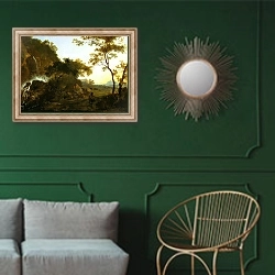 «Итальянский пейзаж 6» в интерьере классической гостиной с зеленой стеной над диваном