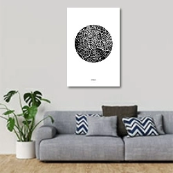 «Отпечаток листа» в интерьере гостиной в скандинавском стиле с серым диваном