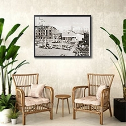 «London Docks, Port of London, London, England in the late 19th century» в интерьере комнаты в стиле ретро с плетеными креслами