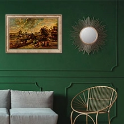 «Крестьяне, возвращающиеся с поля» в интерьере классической гостиной с зеленой стеной над диваном