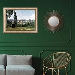 «View of Florence from the Boboli Gardens, c.1834-36» в интерьере классической гостиной с зеленой стеной над диваном