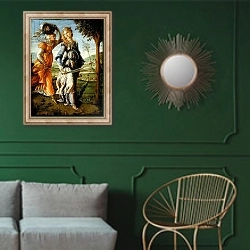«The Return of Judith, 1467» в интерьере классической гостиной с зеленой стеной над диваном