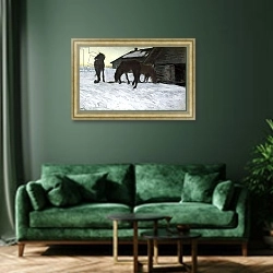 «Stallions at Water-Pond» в интерьере зеленой гостиной над диваном