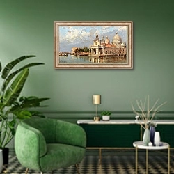 «Venice, Santa Maria della Salute with Old Dogana» в интерьере гостиной в зеленых тонах