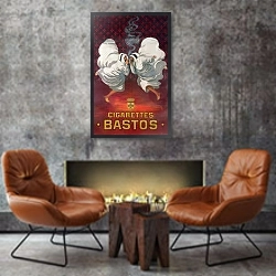 «Poster advertising the cigarette brand, Bastos» в интерьере в стиле лофт с бетонной стеной над камином