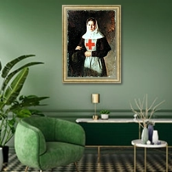 «A Nurse, 1886» в интерьере гостиной в зеленых тонах