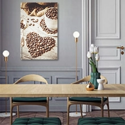«Чашка кофе с зёрнами в форме сердца» в интерьере классической кухни у двери