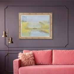 «The Fountains at Versailles, 1826-33» в интерьере гостиной с розовым диваном
