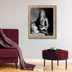 «Grinling Gibbons, engraved by J. Smith» в интерьере гостиной в бордовых тонах