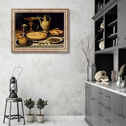 «Still life with a tart, roast chicken, bread, rice and olives» в интерьере современной кухни в серых тонах