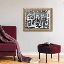 «Illustration taken by Paul Christian Kirchner, 1724 4» в интерьере гостиной в бордовых тонах
