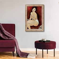 «Large Seated Nude» в интерьере гостиной в бордовых тонах