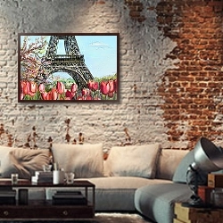 «Эйфелева башня и тюльпаны, скетч 2» в интерьере гостиной в стиле лофт с кирпичной стеной