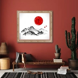 «Восточные горы и красное солнце» в интерьере прихожей в этническом стиле с красной стеной