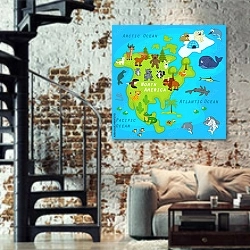 «Детская карта Северной Америки» в интерьере двухярусной гостиной в стиле лофт с кирпичной стеной