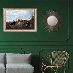 «Вид на Дордрехт 3» в интерьере классической гостиной с зеленой стеной над диваном