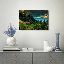 «Швейцария. View of Interlaken» в интерьере современной гостиной с голубыми деталями