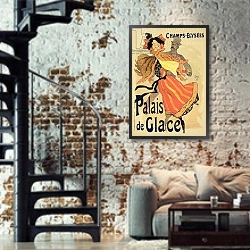 «Reproduction of a poster advertising the 'Palais de Glace', Champs Elysees, Paris, 1896» в интерьере двухярусной гостиной в стиле лофт с кирпичной стеной