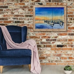 «Яхт-гавань на закате» в интерьере в стиле лофт с кирпичной стеной и синим креслом