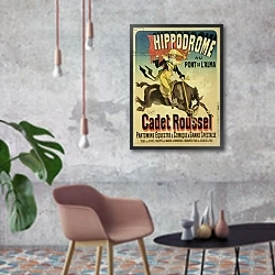 «Reproduction of a poster advertising 'Cadet Roussel', an equestrian spectacle at the Hippodrome, 1882» в интерьере в стиле лофт с бетонной стеной